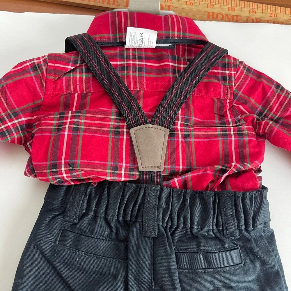 Carters Baby Boys‎ 9M 4-Piece Plaid Shirt Suspenders Pants Bow Tie Set Red Black